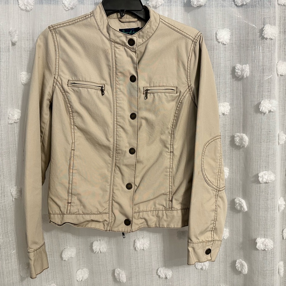 Boden cotton khaki moto style jacket size 10.  Fully lined  wi/zipper & snaps.